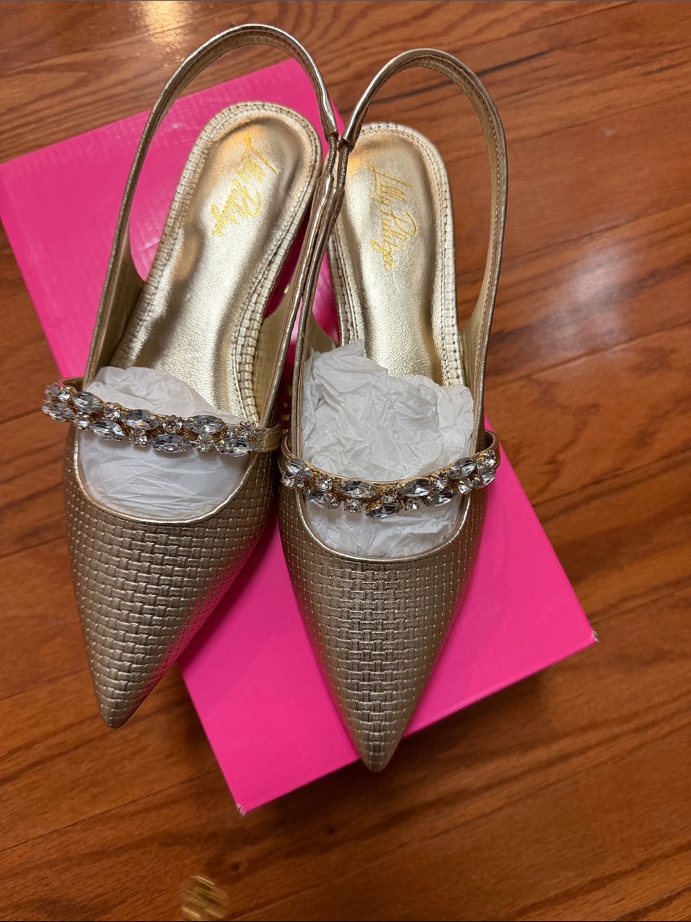 Lilly Pulitzer Metallic Gold Crystal-Strap Pointed Slingbacks